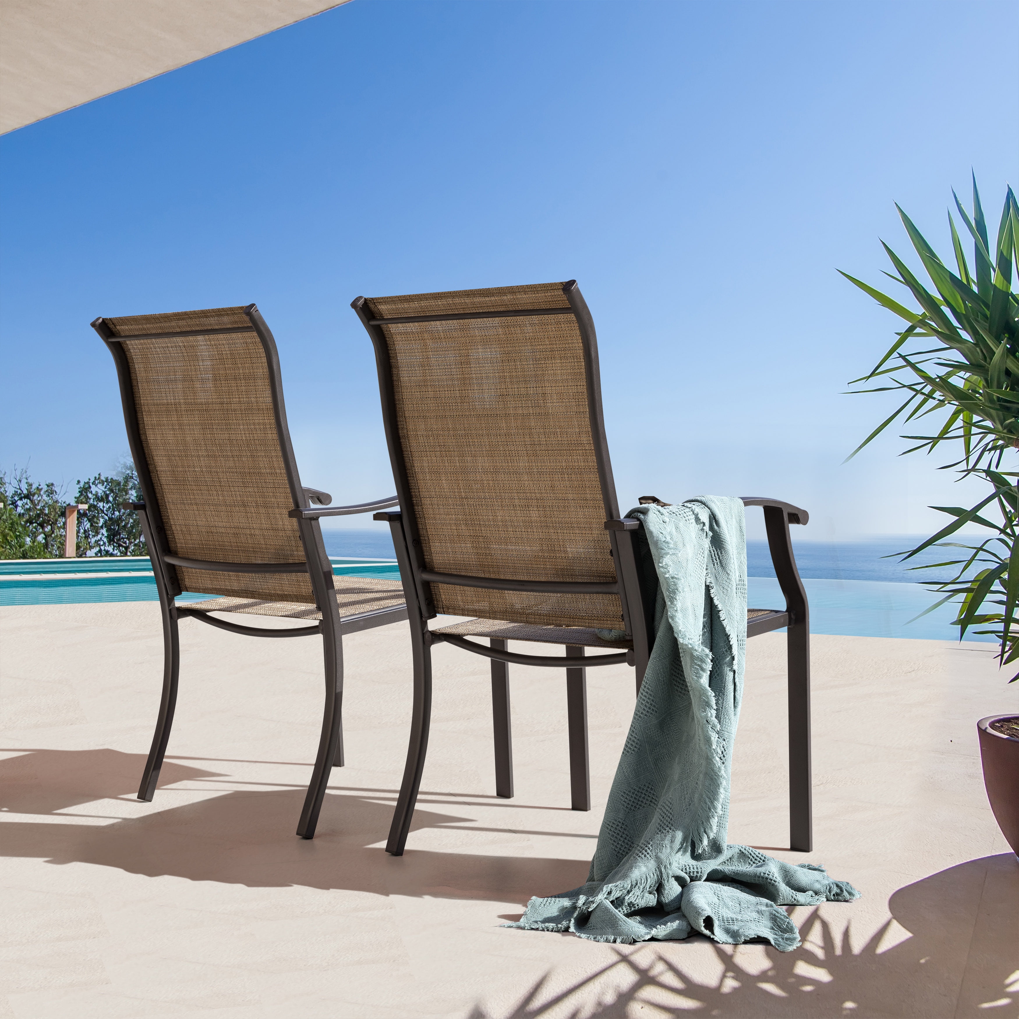 Nuu Garden Patio Chairs Set of 2, Outdoor Dining Chairs High Back with Metal Frame and Textilene Sling, Lawn Chair, for Garden, Backyard, Porch, Brown