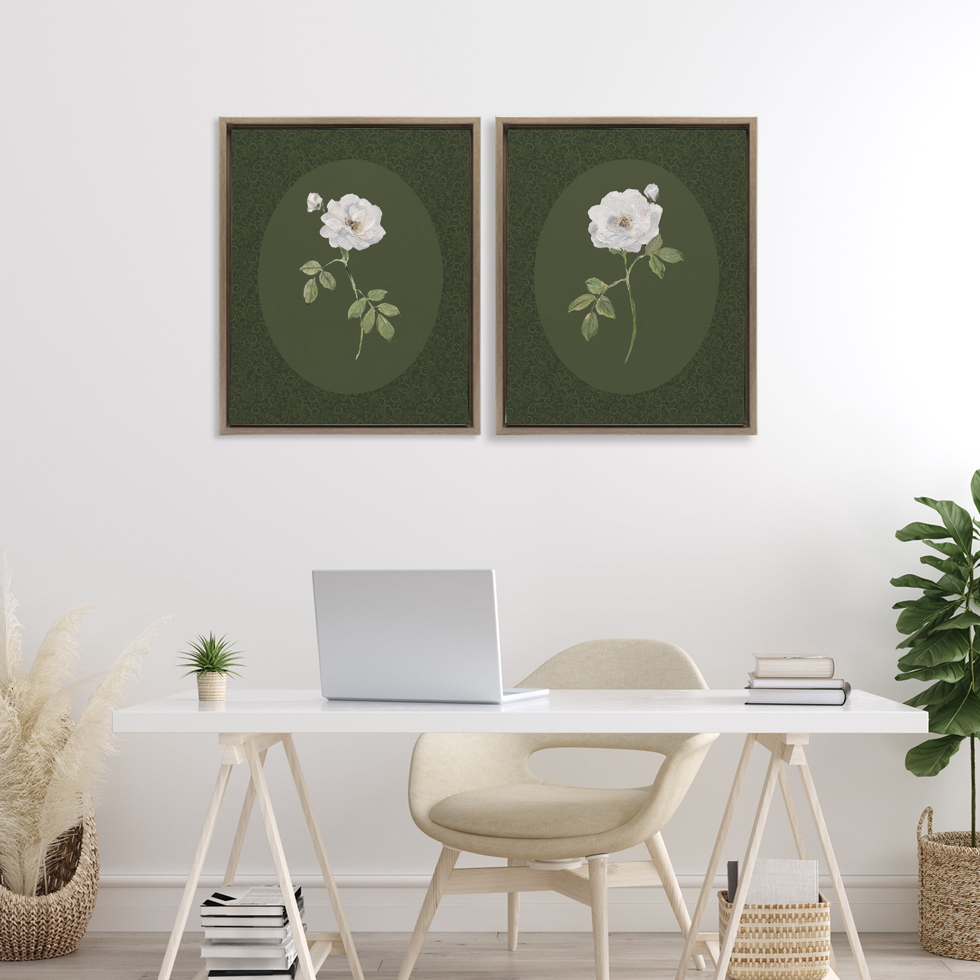 Stupell Industries Ornate Rose Studies over Emerald 2 Piece Brown Framed Floater Canvas Set, design by Sally Swatland