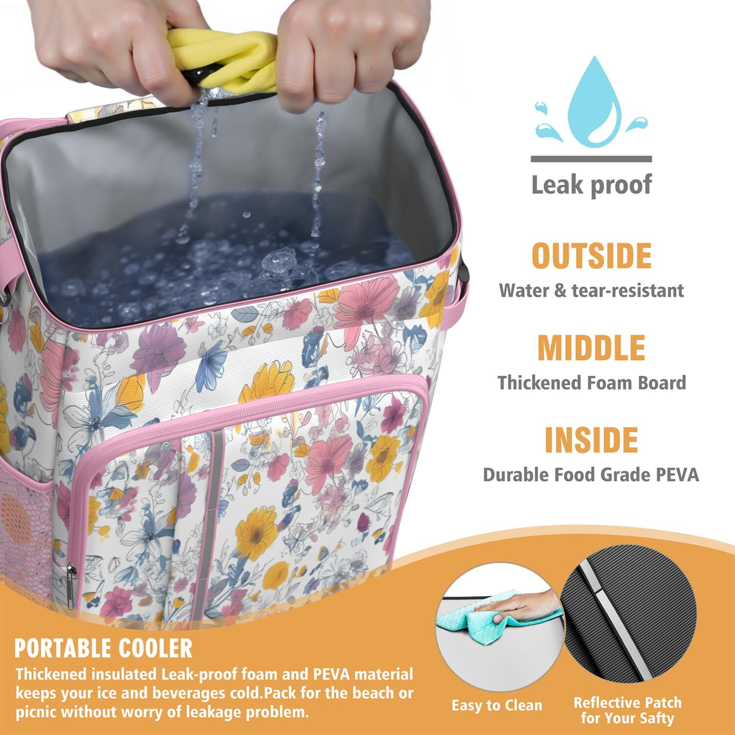 Travel Cooler Bag - Pioneer Flower Floral Print Pattern Camping Beer Cooler Backpack with Bottle Opener- Waterproof Insulated Picnic Backpacks - Cooler Bag for Beach