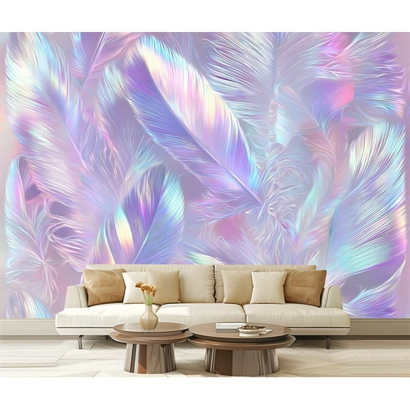 Peel and Stick Wallpaper Iridescent Holographic Feather Pastel Modern Art Wall Mural Decor Self Adhesive and Removable 69in x 98in