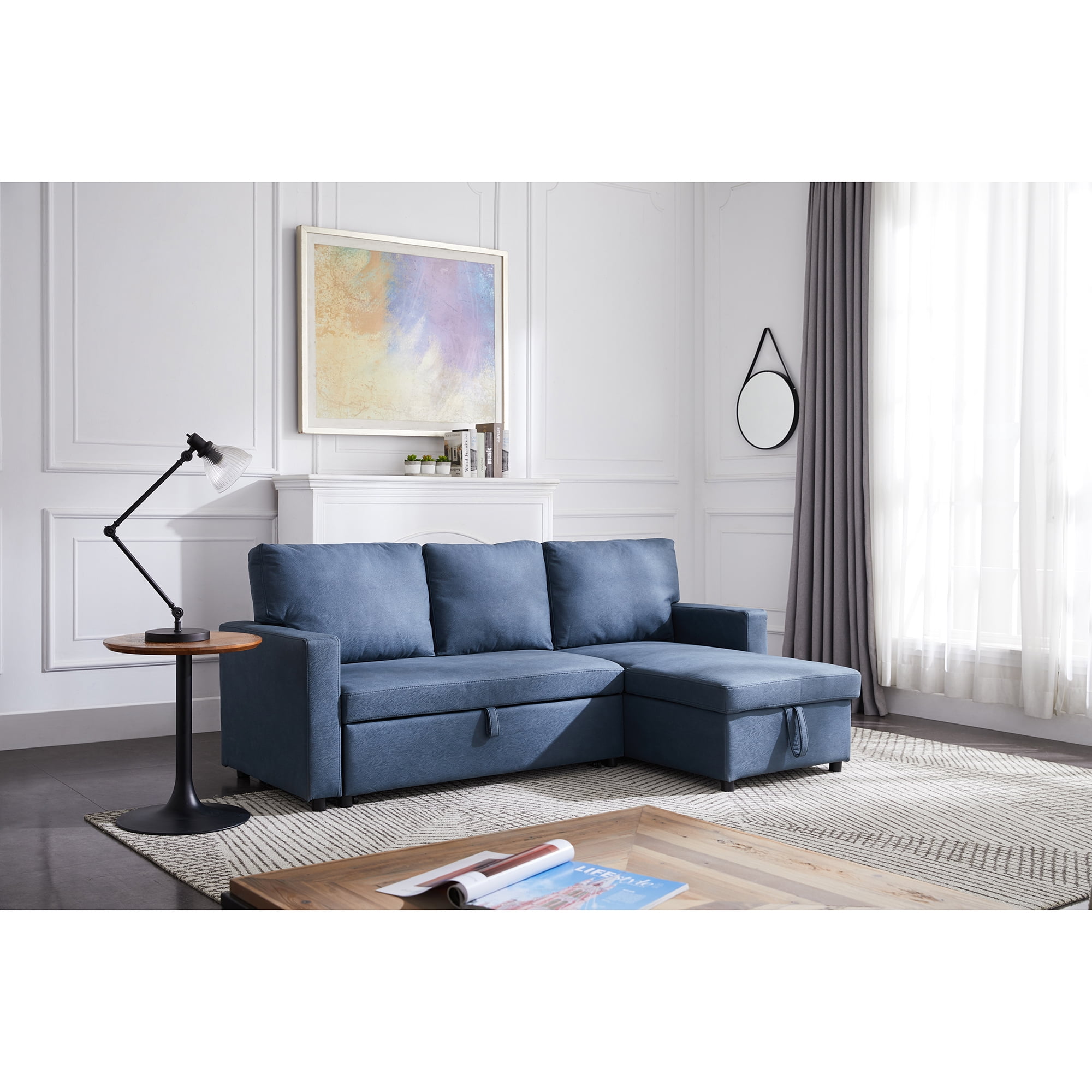 Sectional Sofa Set Reversible L-Shape Couch with Storage, Loveseat Sleeper  Sofa Chaise with Pull Out Bed for Space Saving (Navy Blue) - Walmart.com