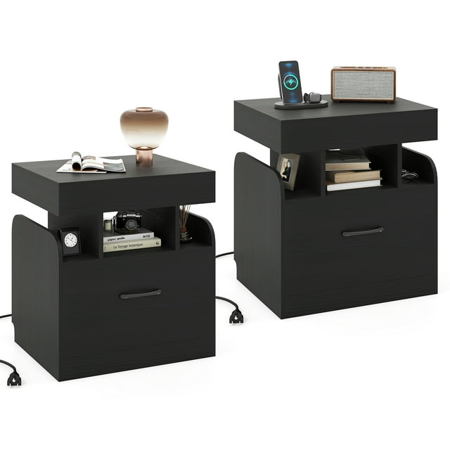Gymax 2PCS Nightstand w/Charging Station Drawer Sliding Top Storage Tray Open Shelves Black