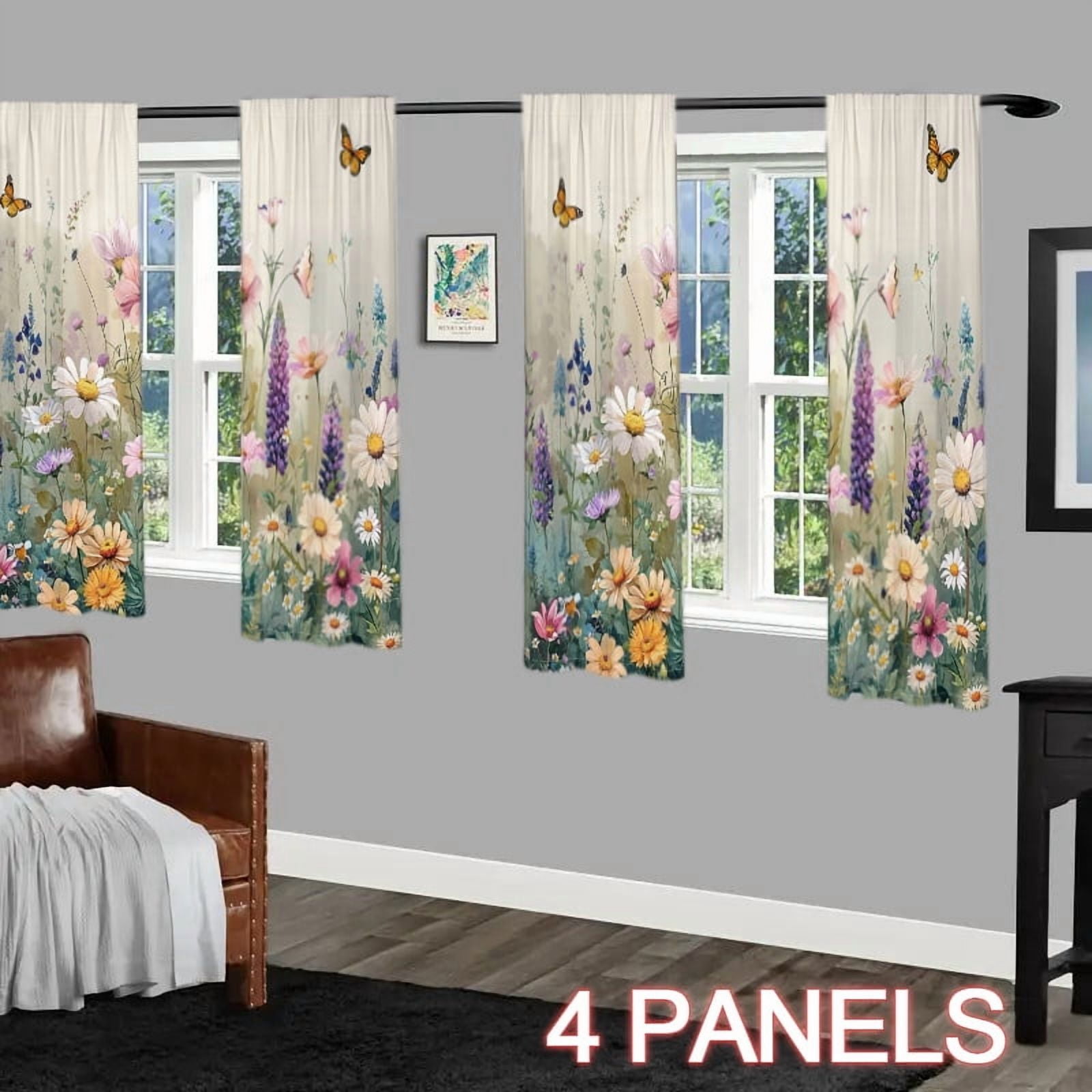 WNOOHIY 4 Panels Spring Colorful Garden Theme Butterfly Floral Pattern Light-filtering Curtains for Living Room, Bedroom, Outdoor Decoration