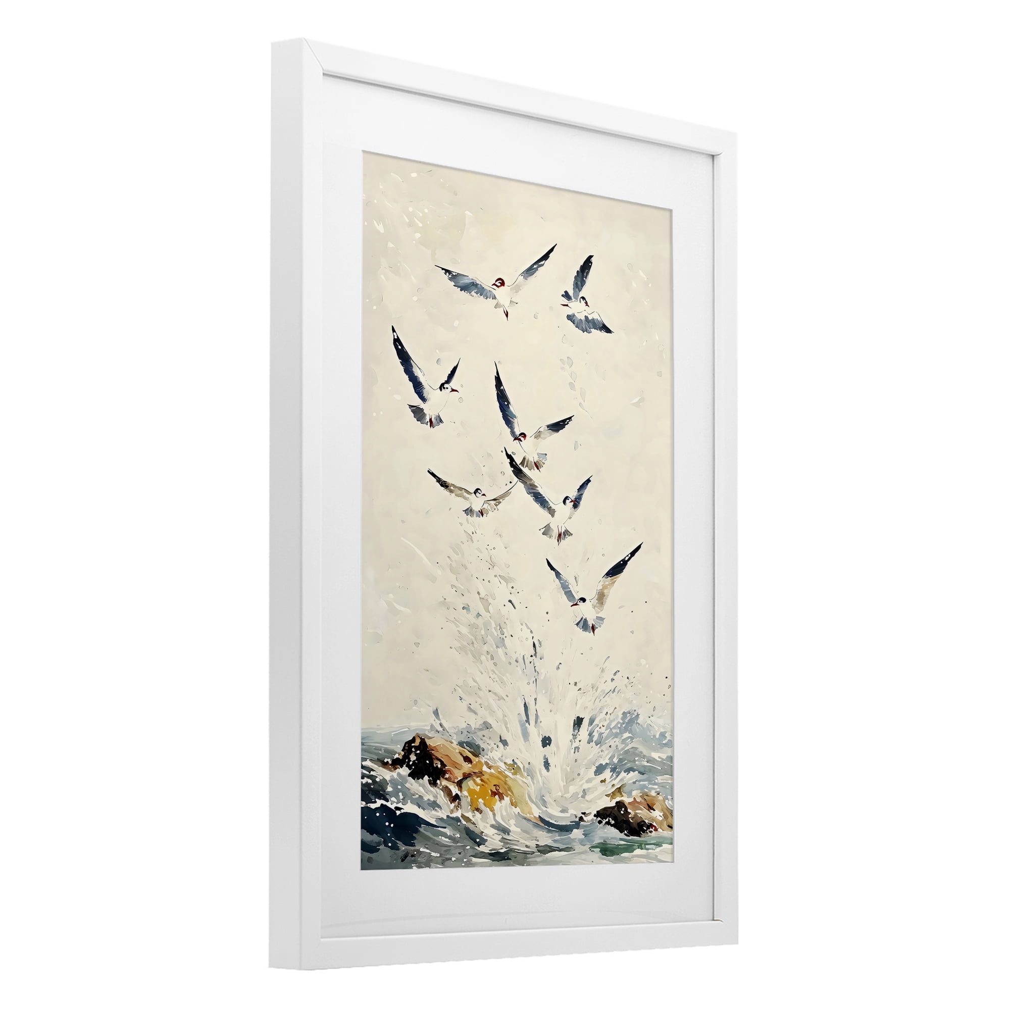 Stupell Industries Waves of Seagulls over Rocks White Framed Print Under Glass, design by Creative Studio