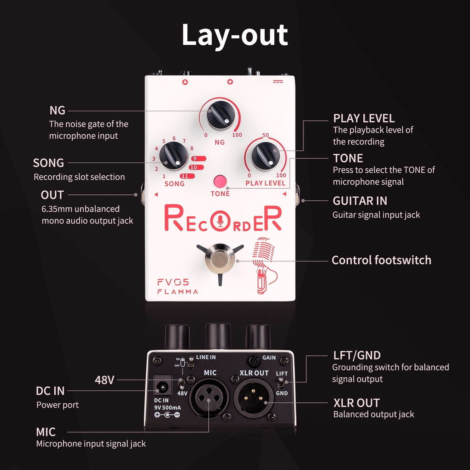 FLAMMA FV05 Recorder Vocal Effects Processor with 70 Minutes Recording Capacity Noise Gate & Reverb Effects for Vocal Guitar Reverb Looper Stompbox for Singer Songwriting Record Creative Inspiration