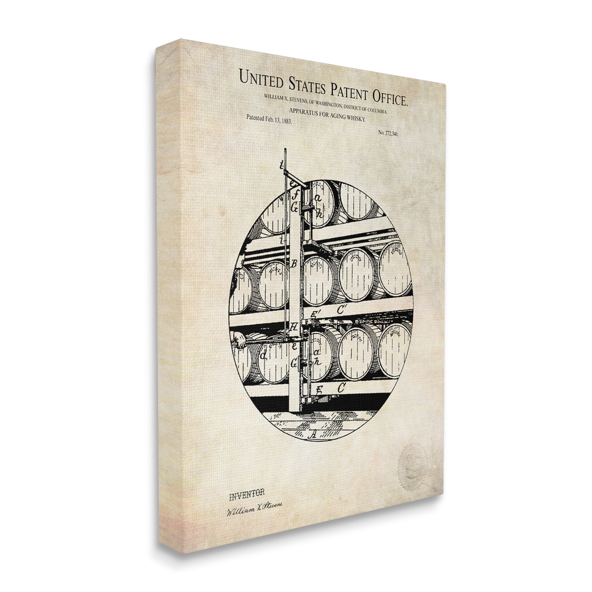 Stupell Industries Whiskey Aging Barrel Detailed Vintage Patent Diagram Canvas Wall Art, 36 x 48, Design by Karl Hronek