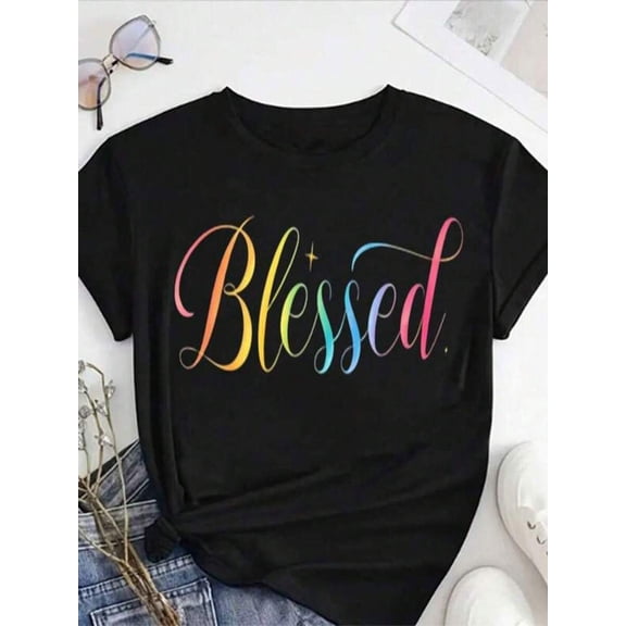 【New Arrival】Blessed Rainbow Gradient Script Letter Graphic T-Shirt, Women’s Inspirational Faith Casual Short Sleeve Tee
