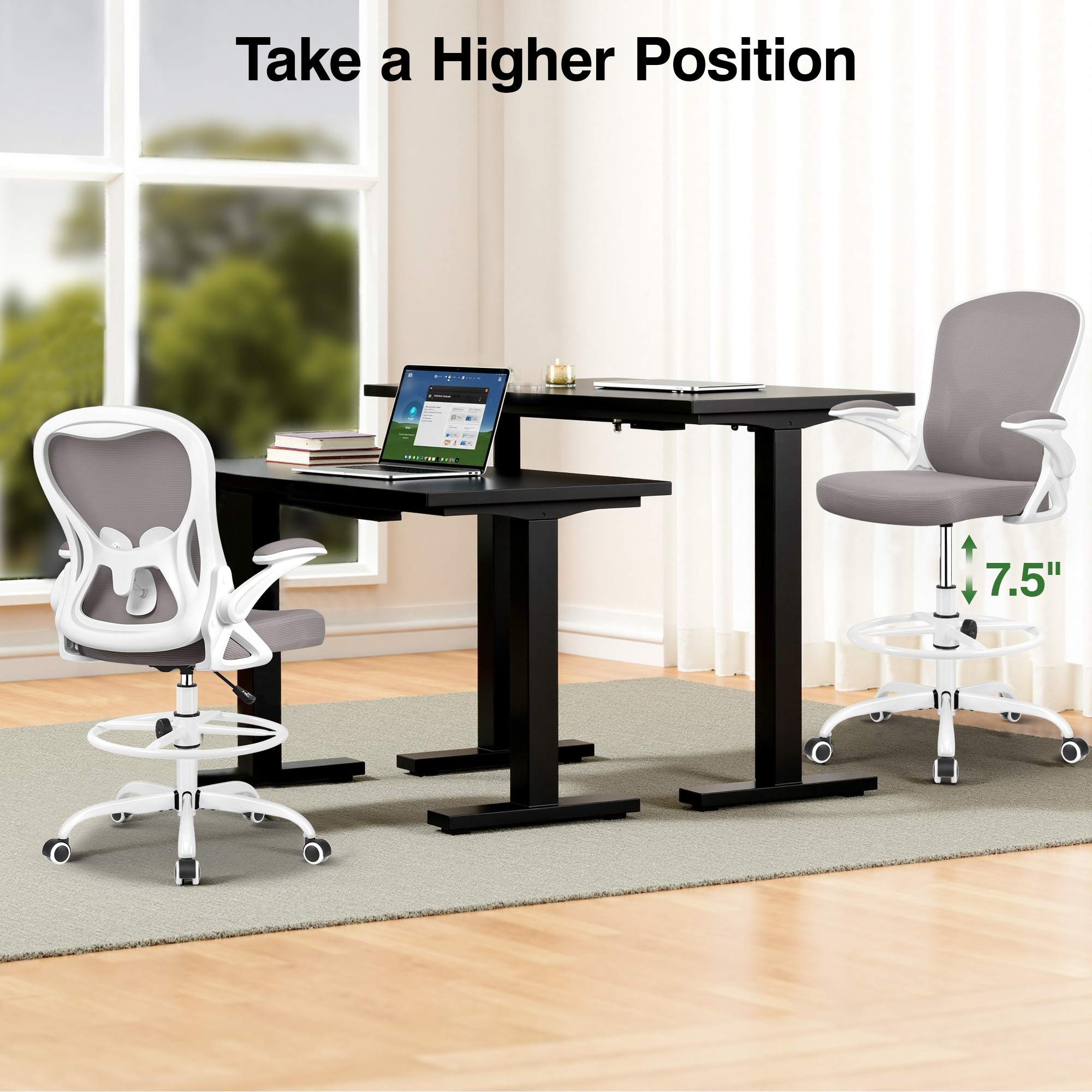 ATHOPE Ergonomic Office Chair, Mesh Desk Chair with Lumbar Support, Tall Office Chair with Flip-Up Armrests and Footrest Ring, Adjustable Computer Chair for Standing Desk Home Office, Gray