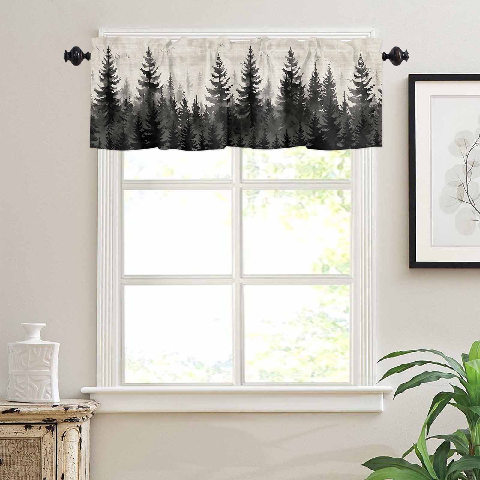 Black Forest Kitchen Curtains Valance and Tier Set Tree Bird Nature Landscape Linen Rod Pocket Short Curtains for Small Window 3 Pieces Set for Bedroom Bathroom Cafe (54" x 18"+27" x 24")