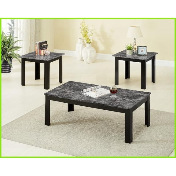 3-Piece Traditional Coffee Table Set with Black Faux Marble Top, Gray Finish & Easy Assembly for Living Room