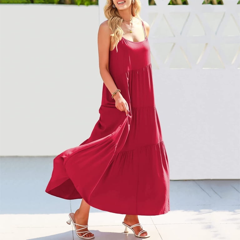 IROINNID Women's Empire Dress Summer Casual Loose Dress Strap Beach Long  Solid Color Drop Waist Dress - Walmart.com