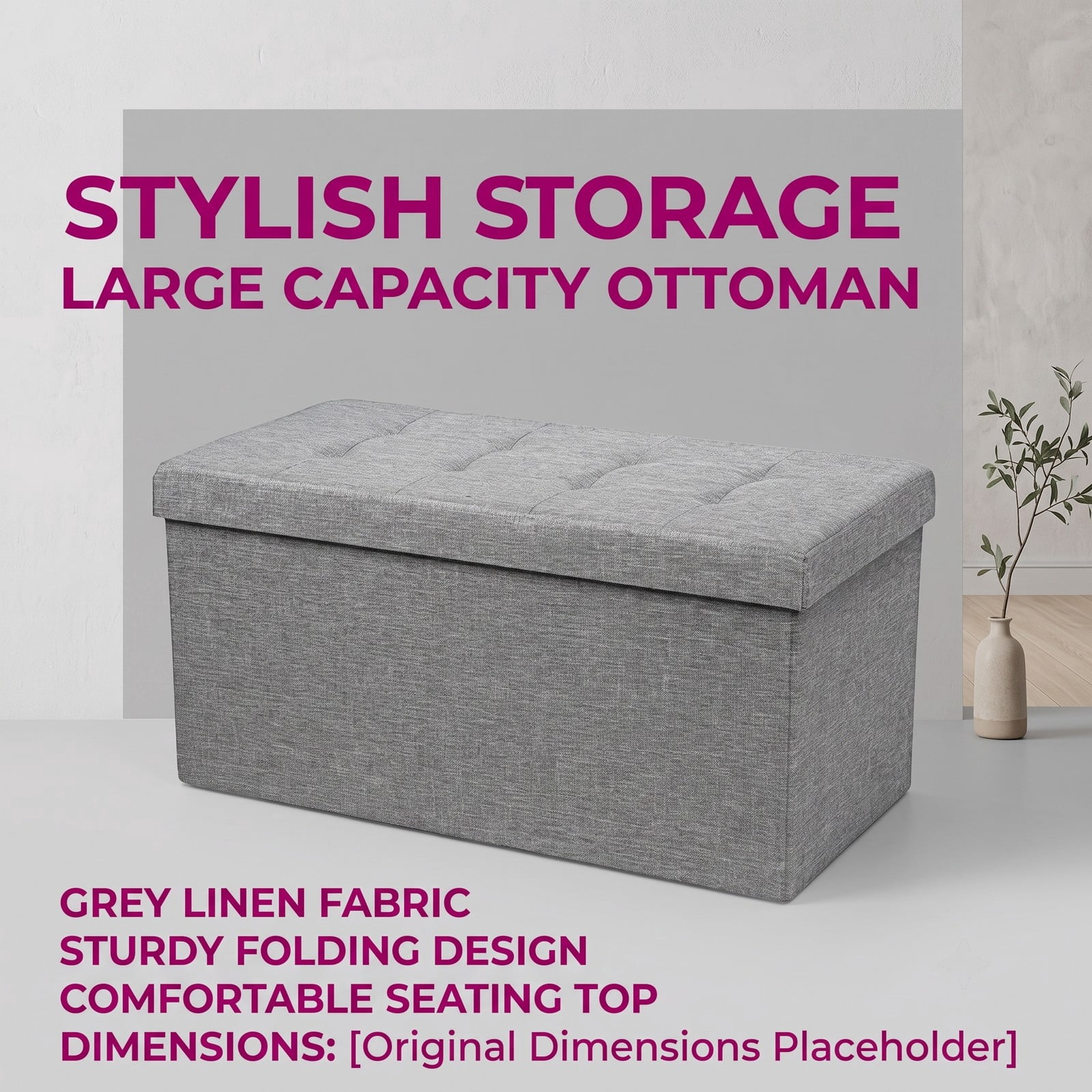 Furnibear 31.5 Inch Foldable Fabric Storage Bench Ottoman with Padded Seat and Removable Hanging Bin for Entryway, Light Gray