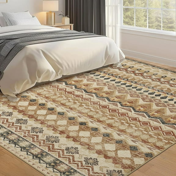 Haperlare Machine Washable Area Rugs for Living Room Geometric Distressed Non Slip Soft Rugs for Bedroom,Beige Carpet,8'x10'