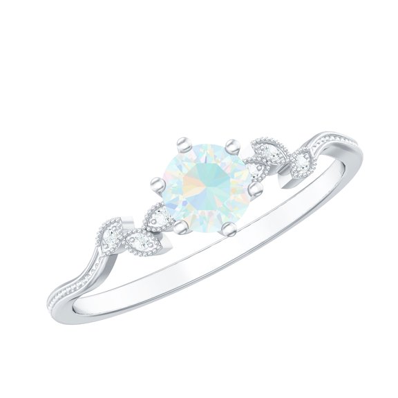 Rosec Jewels Ethiopian Opal Promise Ring with Diamond - Leaf Ring - AAA Quality Certified - Ready to Gift with Jewelry Box, 925 Sterling Silver, US 4.00