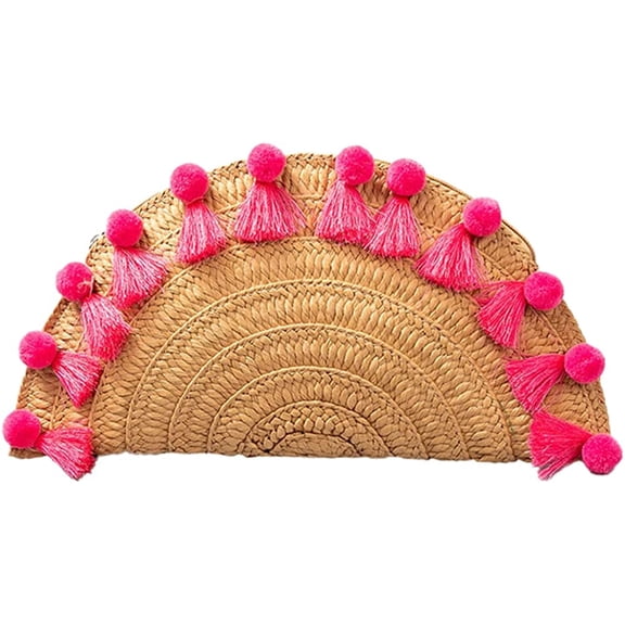 CoCopeaunts Straw Clutch Purses Women Stylish Handwoven Pompom Semi-Circular Handbag Vacation Purse for Travel Party