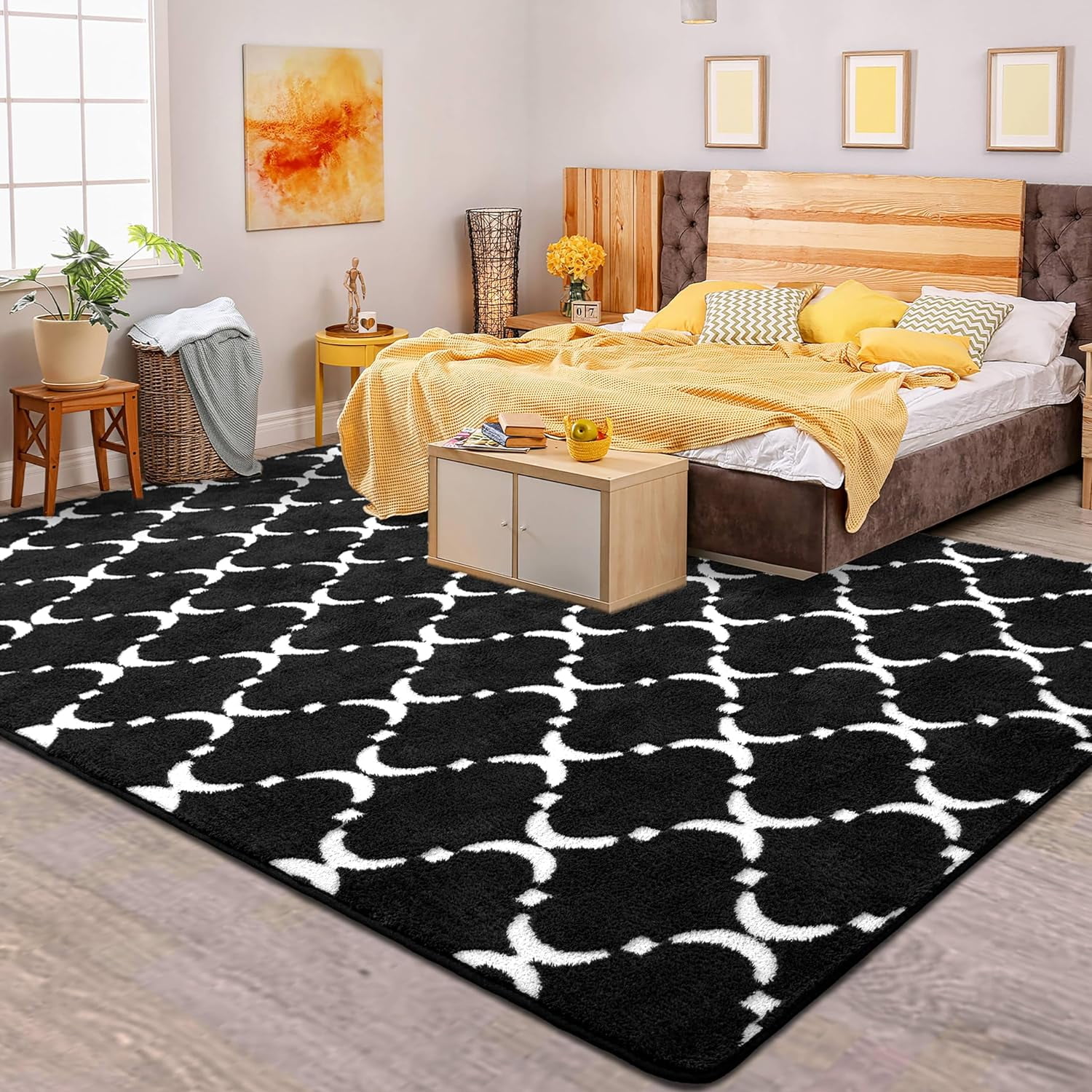 TWINNIS 6'x9' Area Rug Geometric Non Slip Fluffy Carpet,Soft Plush Polyester Rug for Living Room Bedroom,Black White