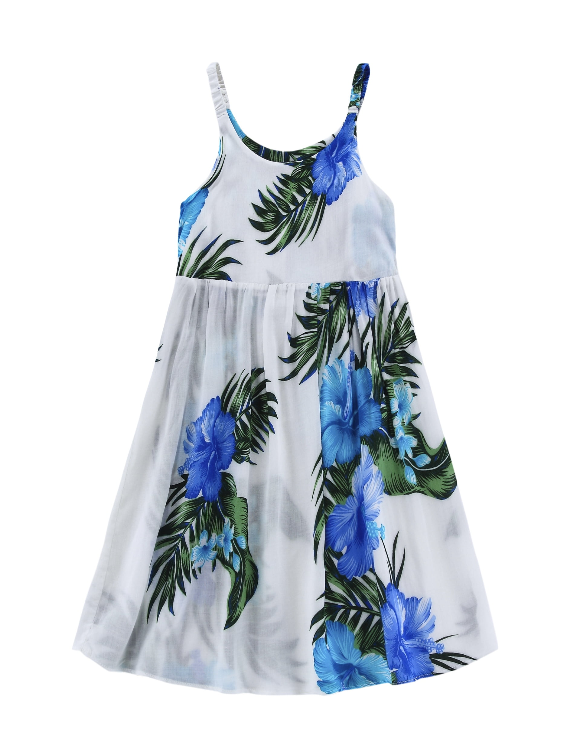 Girl Luau Dress Hawaiian Dress Elastic Strap Dress in White with Blue