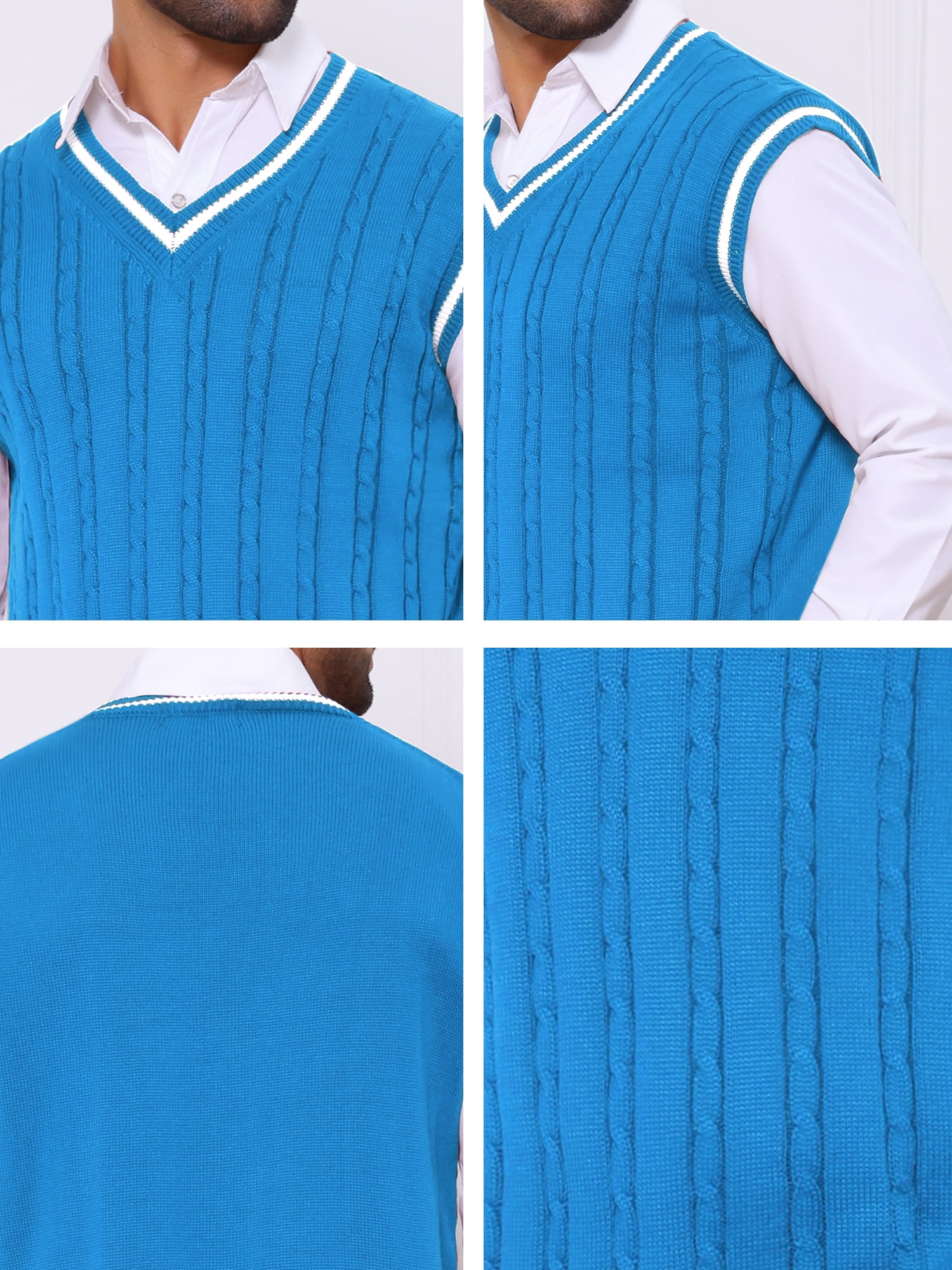 DARING DIVA Men's Solid Color V-Neck Sleeveless Cable Knitted Sweater Vest L Blue