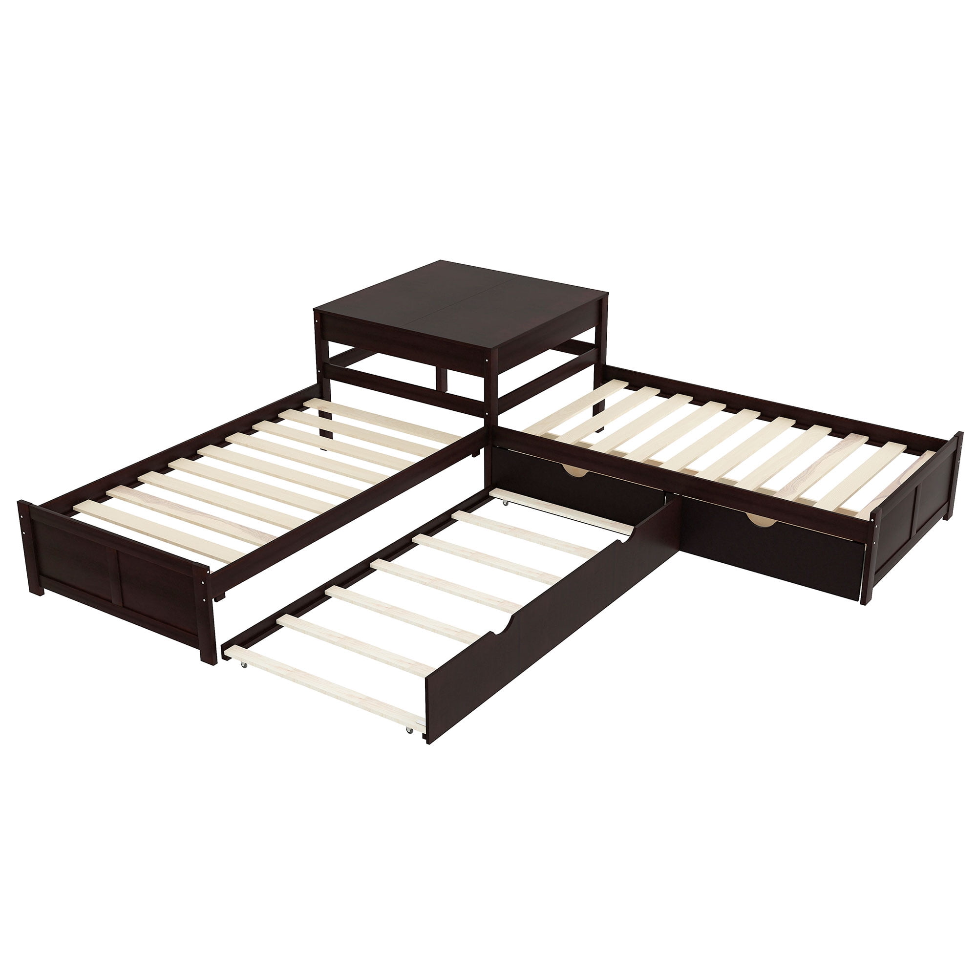 Euroco Pine Wood L-Shaped Twin Platform Bed with Trundle, 3 Beds in One for Bedroom, Trundle Bed with Drawers and Built-in Desk, Espresso