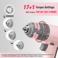 thumbnail image 3 of 12V Cordless Pink Drill Set, Electric Drill Kit with 3/8-Inch Keyless Chuck, 6 Pcs Bits, Variable Speed, 18 Touque Setting, Type-C Charge Cable, Led Light, 3 of 7