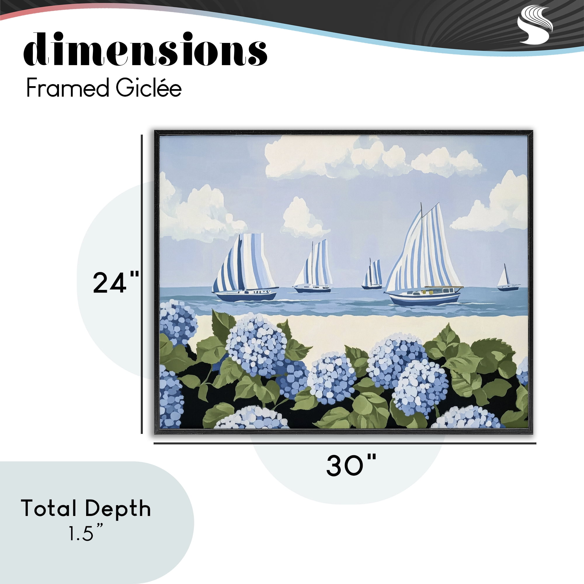 Stupell Industries Striped Sails & Seaside Hydrangeas Black Framed Giclee Art, design by Sisi and Seb