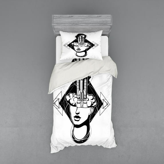 Black and White Duvet Cover Set, Science Monochrome Illustration with Rocket Flying from a Head of Woman, Bedding Set with Shams and Fitted Sheet, 3 Sizes, by Ambesonne