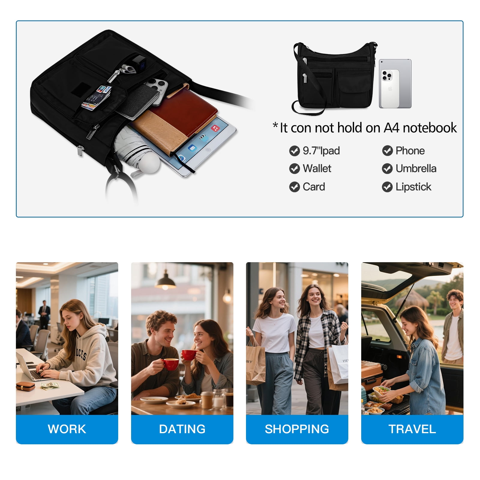 URSOFINE Women's Crossbody Bag Lightweight Ladies Travel Shoulder Messenger Bag with Adjustable Strap & Multiple Pockets Soft Across Bag Purse for Everyday Use (15+)