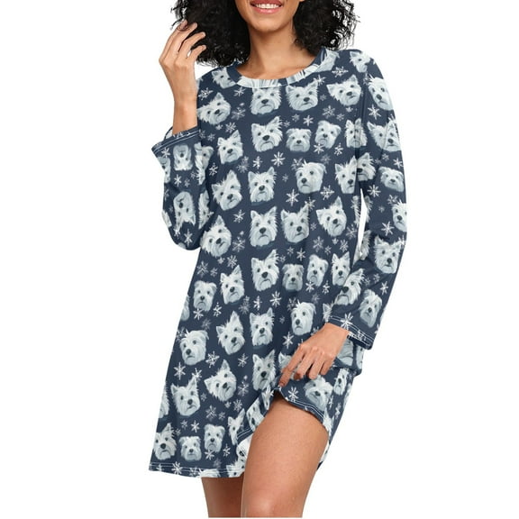 joogoo Cute Dog Snowflakes Women's Long Sleeve Nightgown Sleepwear L