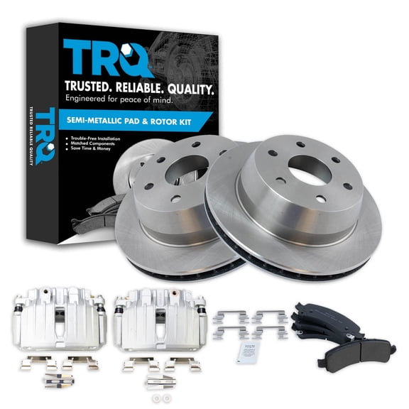 TRQ Rear Brake Pad & Rotor Kit Brake Caliper Brake Pads Brake Rotor Semi-Metallic Vented Fits Select 2002 Cadillac Escalade Chevrolet Avalanche 1500 Suburban 1500 Tahoe GMC Yukon Yukon XL 1500