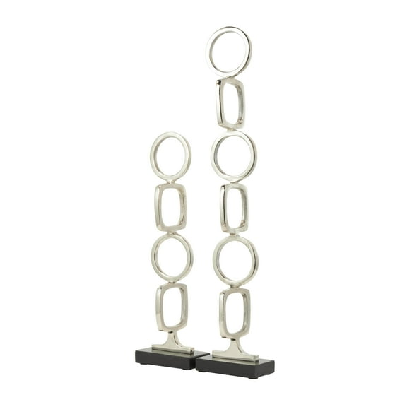 28", 19"H Silver Aluminum Metal Stacked Geometric Rings Abstract Sculpture with Black Marble Bases, by DecMode (2 Count)