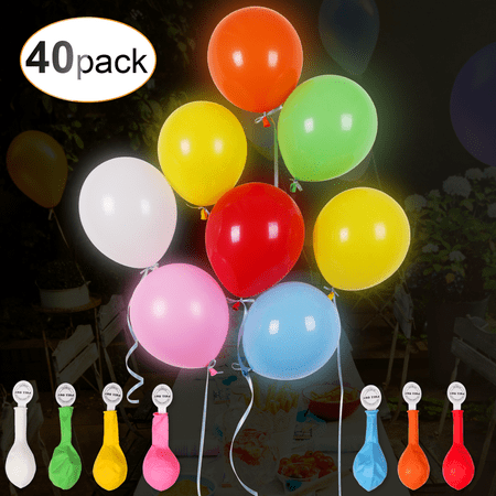 AGPTEK 40PCS LED Light Up Balloons, Mixed Color Luminous Balloon with Ribbon for Parties, Birthdays