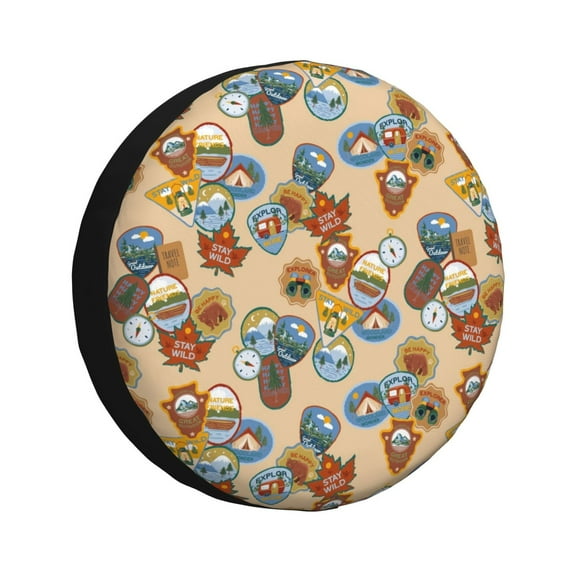 Fuzoiu Camp Badge Print Universal Spare Tire Cover with Buckle Strap, Waterproof Wheel Covers for Jeep, Trailer, RV, Truck and All Car-14 inch