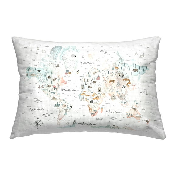 Stupell Industries Whimsical World Traveler Map 14" x 20" Animals Geometric Polyester Throw Pillow, Zip Closure 1 Count