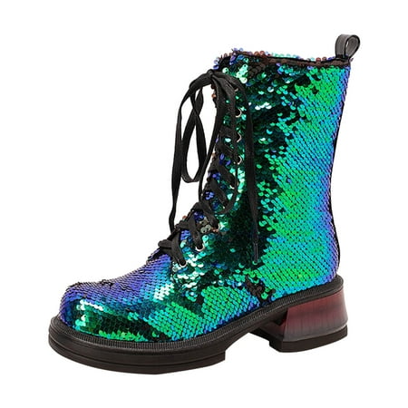 

PMUYBHF Knee High Boots Women Platform Women Ankle Boots Fashionable foreign Trade Sequins in Autumn and Winter Cool Comfortable Round Toe Square Heel Thick Heel Lace-up