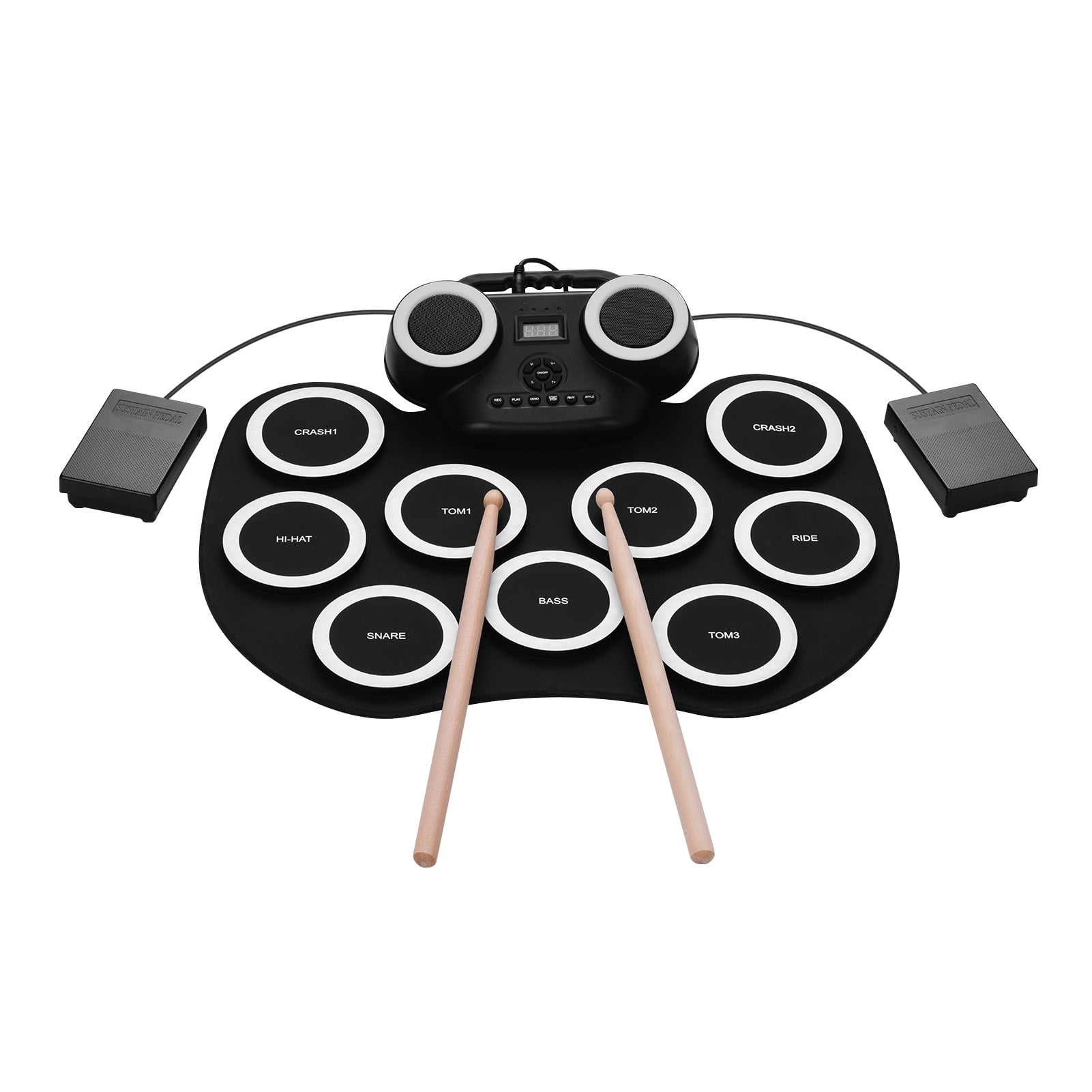 M Buder Portable Roll Up Electronic Drum Pad Silicon Digital Drum Set with Built-in Speakers, Foot Pedals, Headphone Monitoring, and Colorful LED Light for Beginner to Professional Musicians