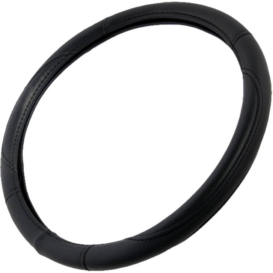 BDK Genuine Black Leather Steering Wheel Cover - Medium Size (14.5" To 15.5"), Universal Fit