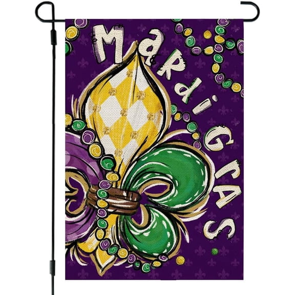 Mardi Gras Beads Fleur de Lis Garden Flag 12x18 Inch Double Sided Burlap New Orleans Carnival Outdoor Decor