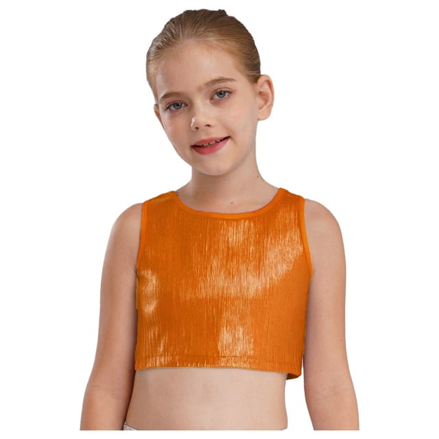 TSSOE Kids Girls Shiny Hip Hop Jazz Dance Crop Tops Metallic Ribbed Cami Vest Shirts Performance Party Dancewear Orange M