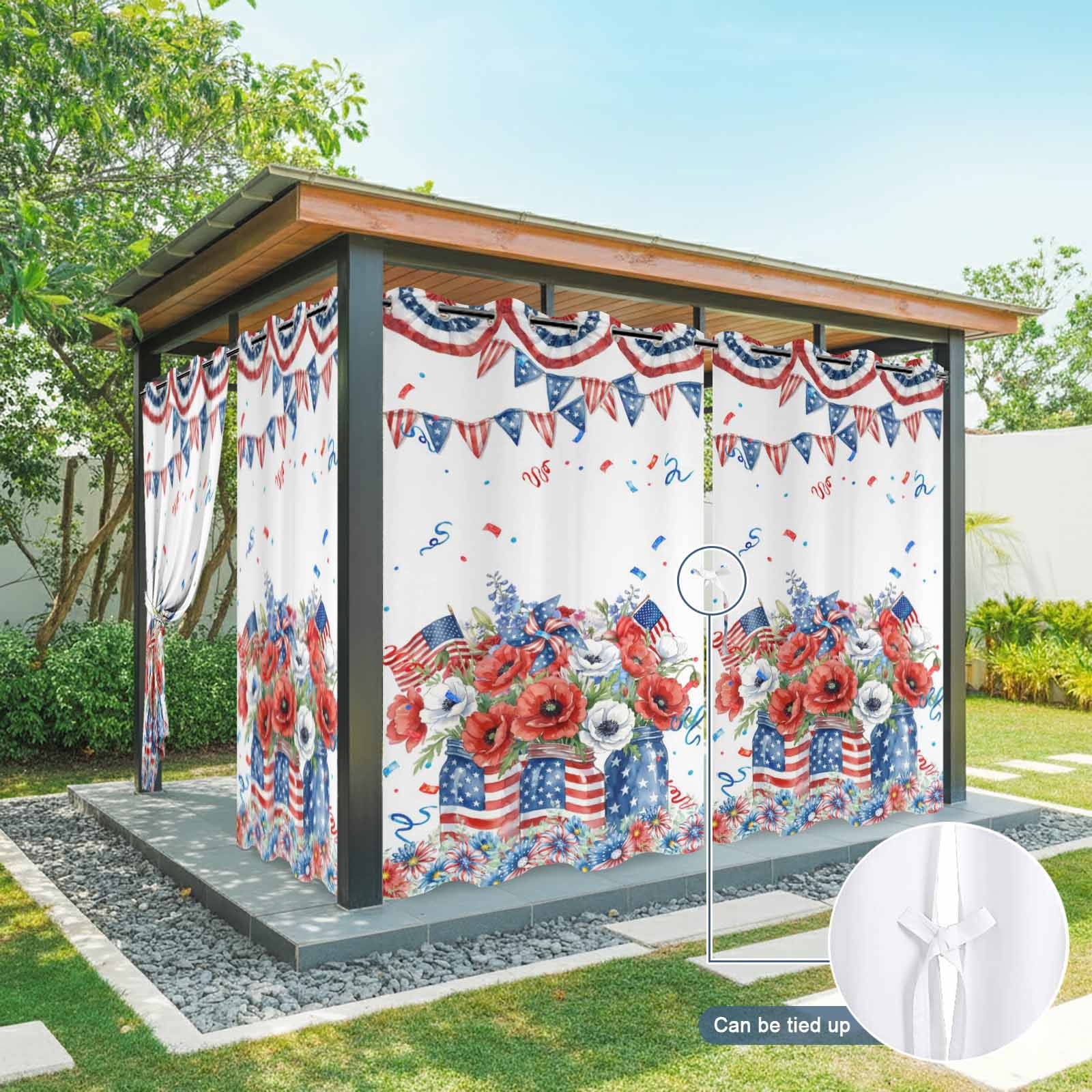 Independence Day Outdoor Curtains for Patio, U. S. Flag Red White Poppy Flowers Watercolor Sunshade Privacy Drapes Grommet Waterproof Outside Curtains for Porch/Cabana/Balcony 54"x 108", 1 Panel
