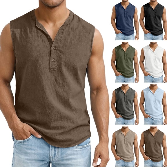 Horkkom Tank Tops Men V Neck Button Solid Color Linen Shirts Summer Casual Sleeveless Shirts