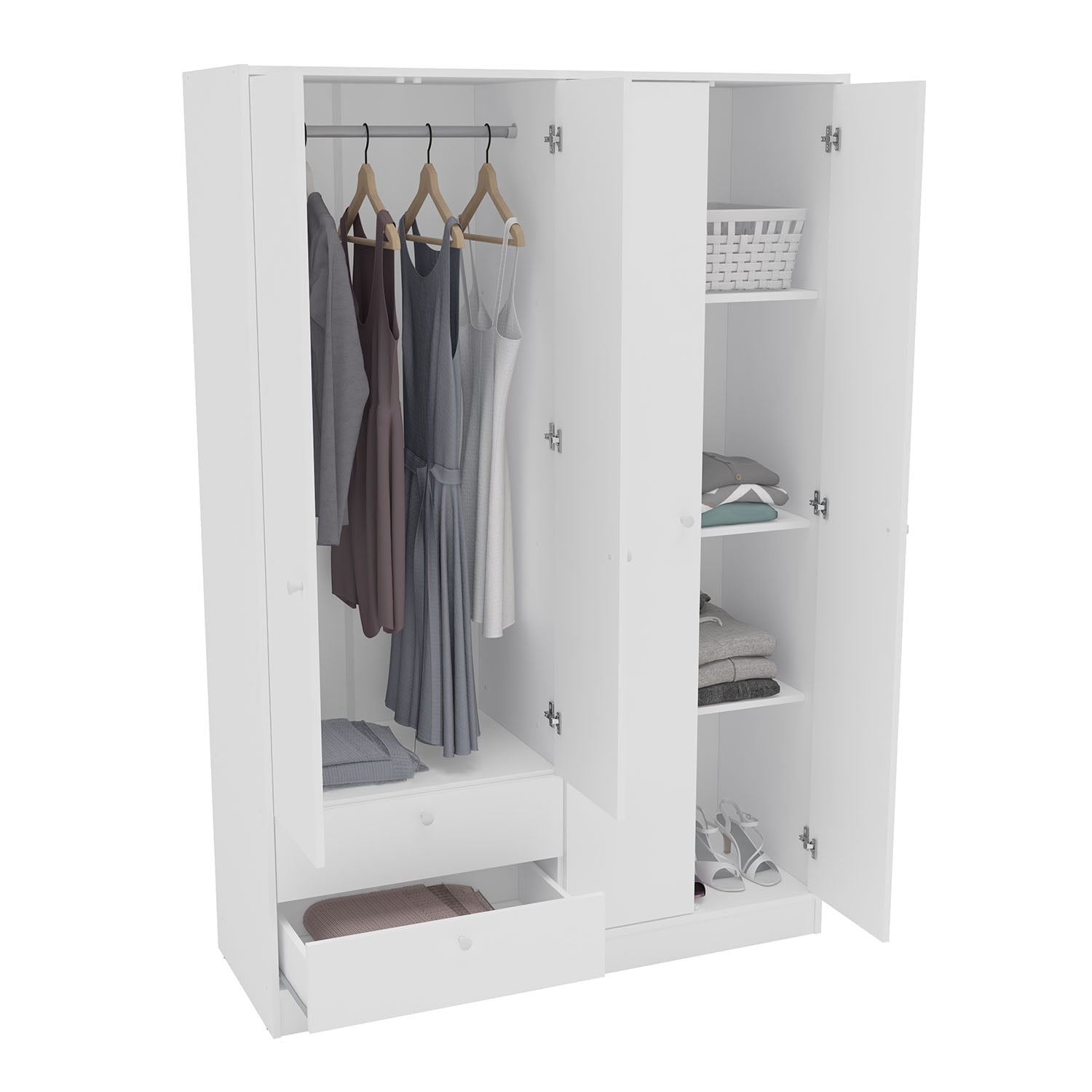 Polifurniture Denmark 71 in. 4 Door Modern Adult Armoire with 2 Drawers, Shelves and Hanging Rod, White Wood