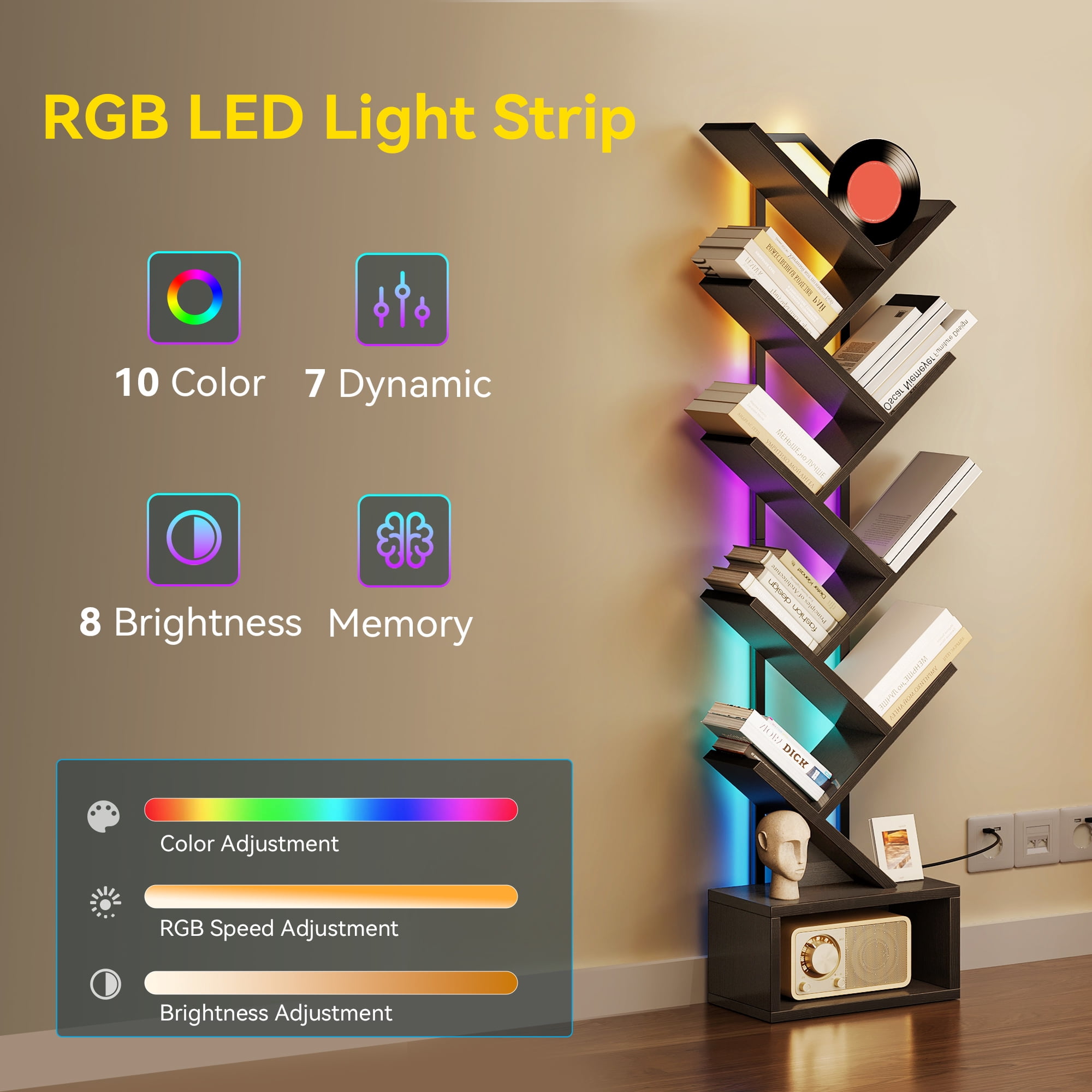 Casacomoda 8 Tier Tree Bookshelf, Bookcase with LED Lights, Display Floor Standing Storage Shelf, Book Organizer Shelves for Home Office, Living Room, Black