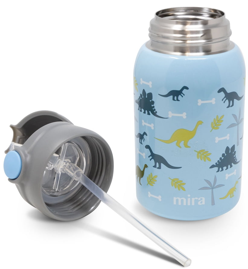 MIRA 15oz Stainless Steel Water Bottle - Metal Thermos Flask Keeps Cold for 24 Hours, Hot for 12 Hours - Wide Mouth & Double Wall Vacuum Insulated - BPA-Free One Touch Straw Lid Cap, Dinosaurs