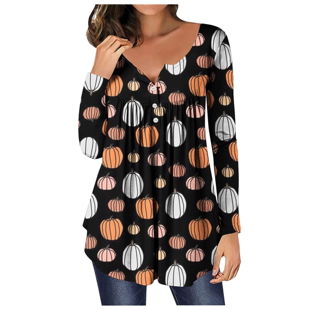 Camiseta de moda sexy informal para mujer, blusa estampada de manga larga con cuello redondo y fruncido Pompotops FGAJ7084