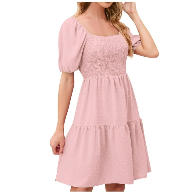 Yuyuzo Robes d'Été pour Femmes à Encolure Carrée, Manches Courtes Bouffantes, Mini-Robe, Smockée, Décontractée, Ligne A, Mini-Robe Courte