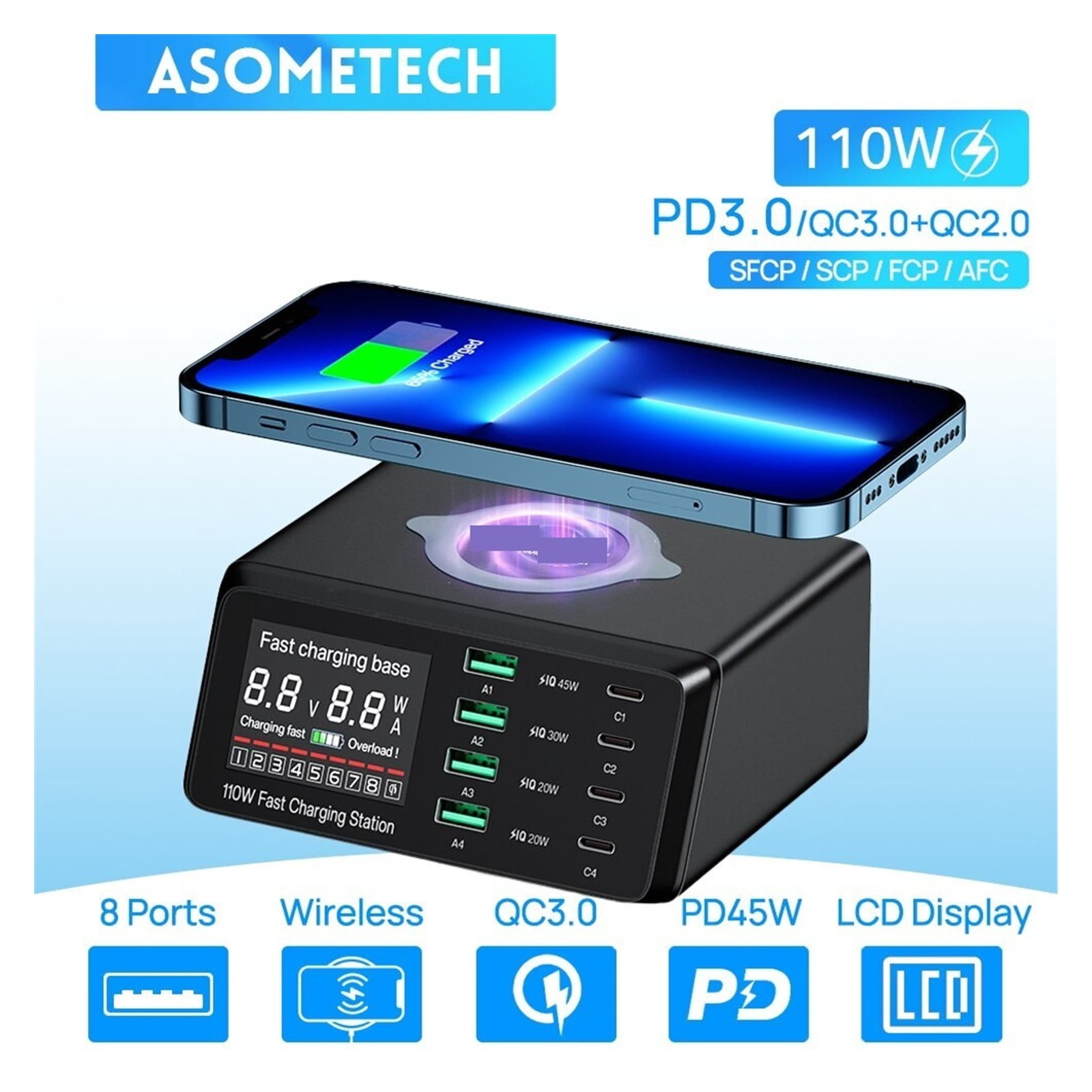 W USB Type C Charger Wireless Charing Multi Ports Fast Phone Charger PD QC3.0 Quick Charge ,Portable Station
