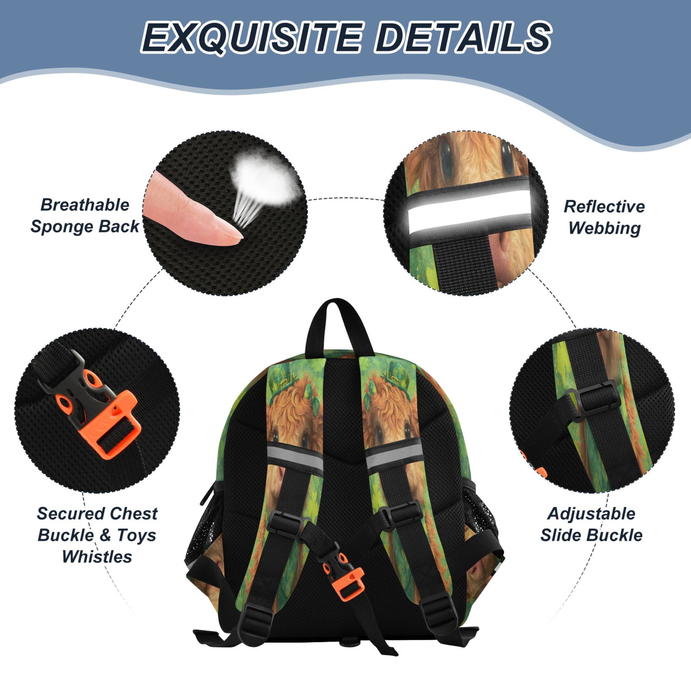 RMDQTR Adorable Ear-Print Backpack with Reflective Strip and Anti-Lost Leash Adjustable Shoulder Straps Mini Travel Backpack Shamrock Highland Cow
