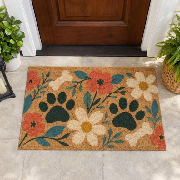 LACKUST Coir Doormat Floral Paw Print Non-Slip Outdoor Welcome Mat for Front Door Pet Friendly Dog Lover Entryway Rug