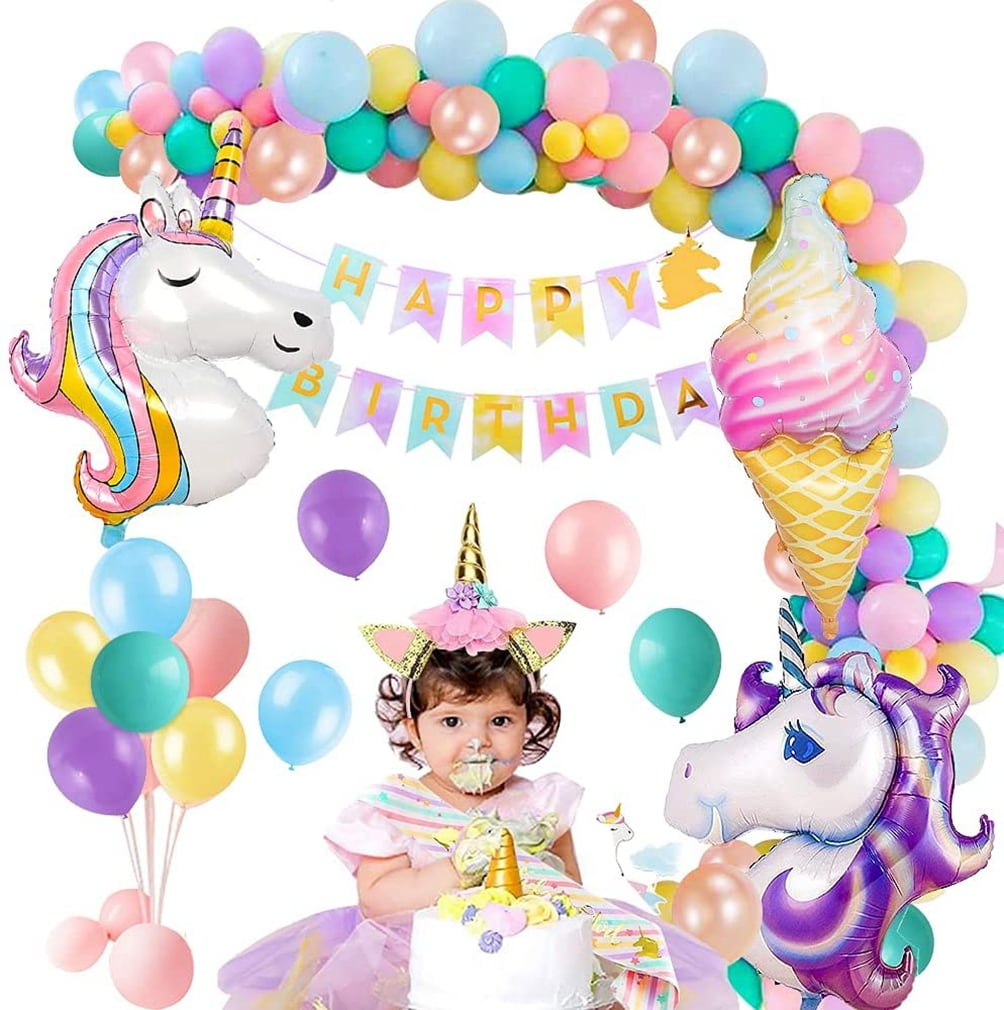 YANSION Unicorn Party Decorations Girls Birthday Party Supplies 3D Unicorn Balloon Ice Cream Latex Balloons Summer Party with Happy Birthday Banner Unicorn Party Balloons