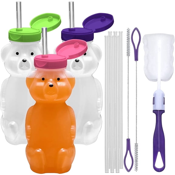 Special Supplies Honey Bear Straw Cup for Babies — Spill Proof Juice Bottle, 6 Flexible Reusable Straws — Special Needs Assistive Cup, Pack of 3 Bottle